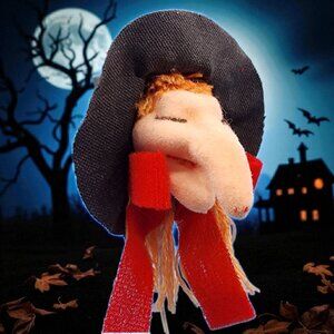 Vintage Flocked Wicked Witch Head Pick Yellow Trim & Red Ribbon Made in Taiwan